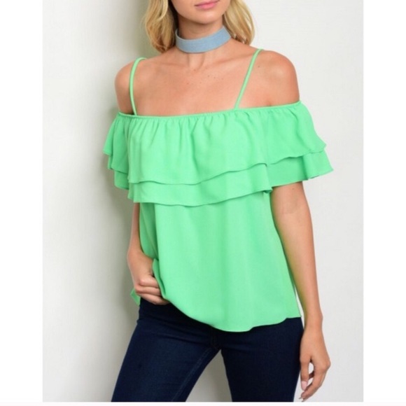 Glamvault Tops - Green off the shoulder ruffle top